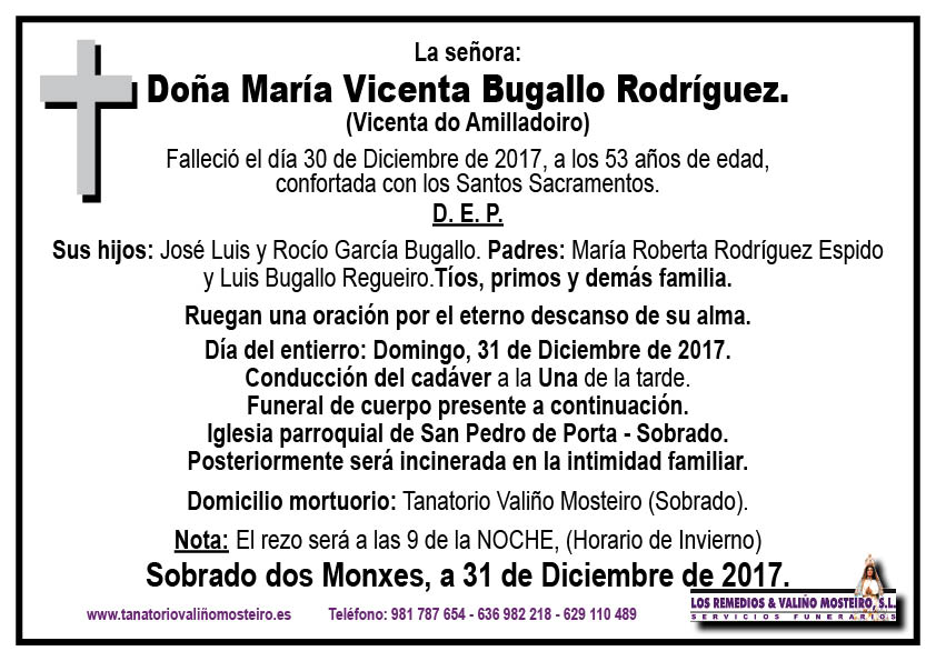 Esquela de María Vicenta Bugallo Rodríguez.